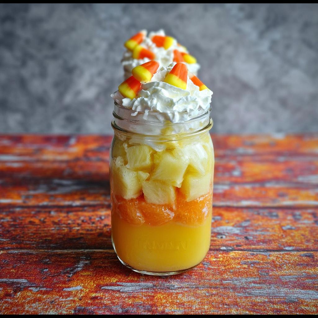 Two festive Candy Corn Fruit Parfaits in mason jars, layered with orange and pineapple fruit, topped with whipped cream and candy corn.