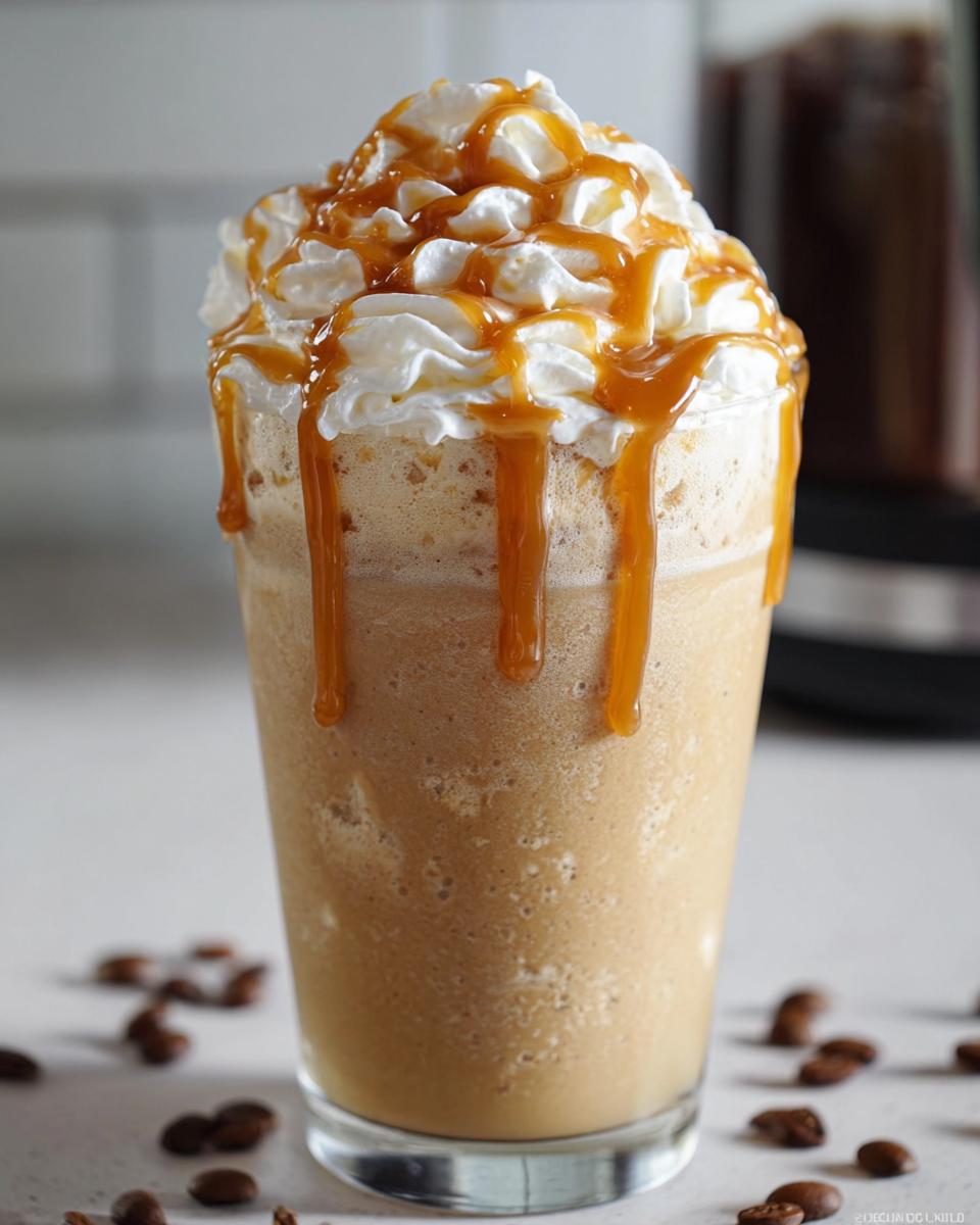 A tall glass filled with a blended Caramel Frappuccino (Copycat), topped high with whipped cream and drizzled heavily with caramel sauce.