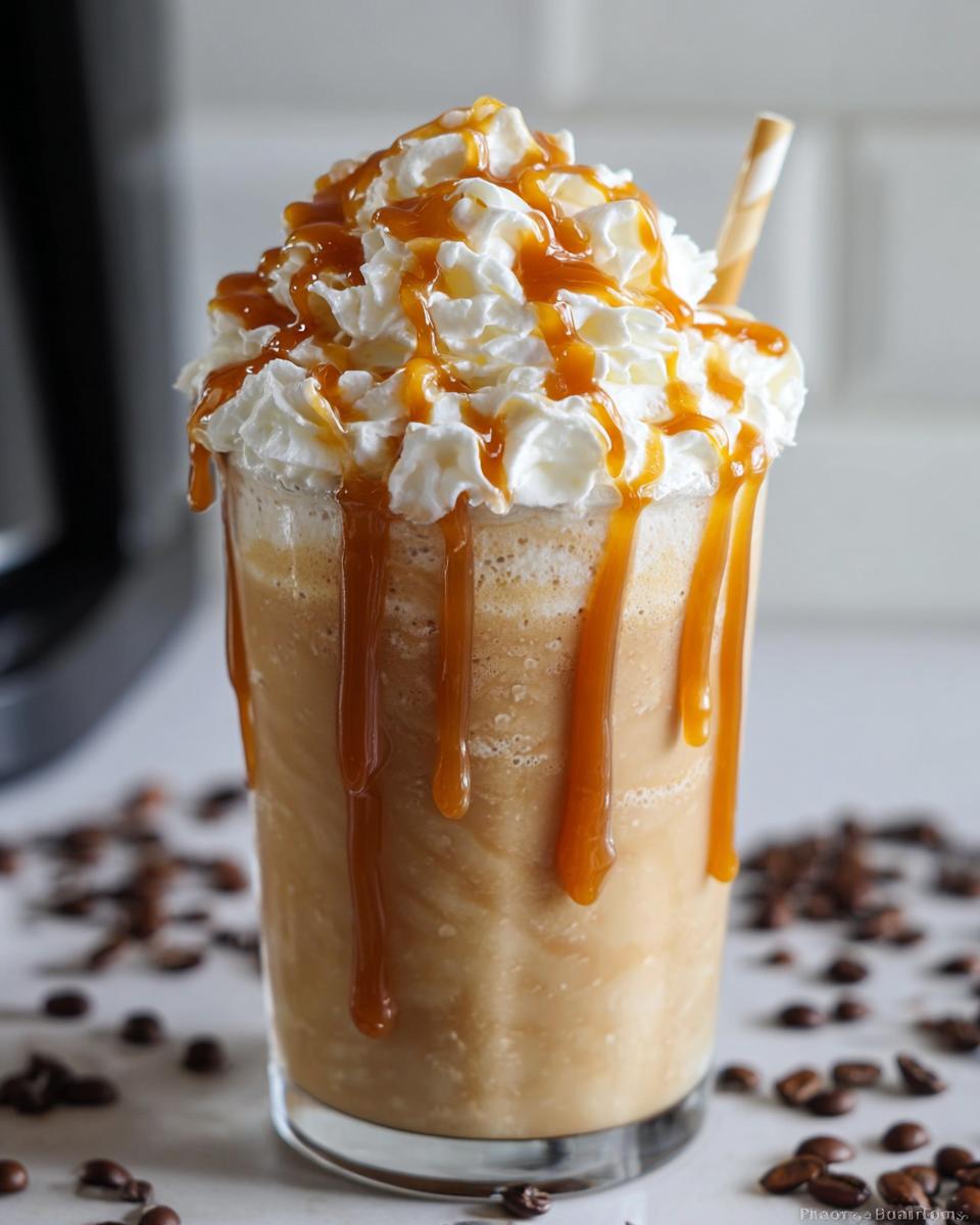 A tall glass of a blended Caramel Frappuccino (copycat) topped with whipped cream and drizzled with caramel sauce.