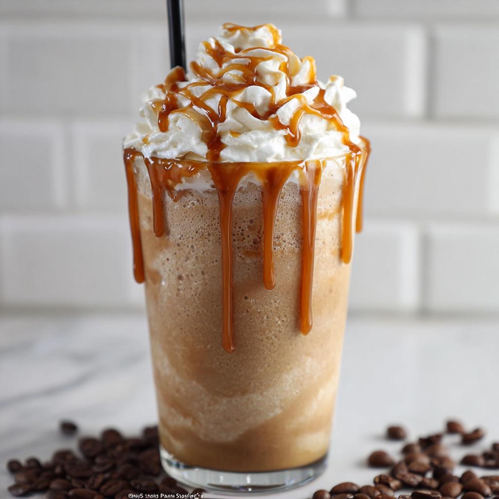 A tall glass filled with a blended Caramel Frappuccino, topped with whipped cream and drizzled with caramel sauce.