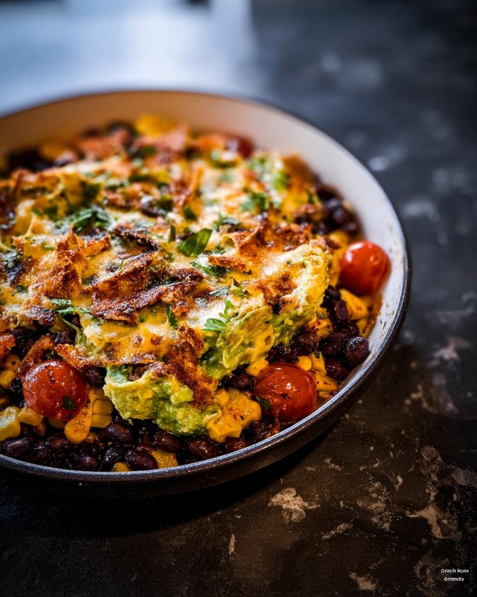 Close-up of a "Cauldron" Black Bean & Avocado Dip in a dark bowl, featuring black beans, corn, cherry tomatoes, and creamy avocado topping.