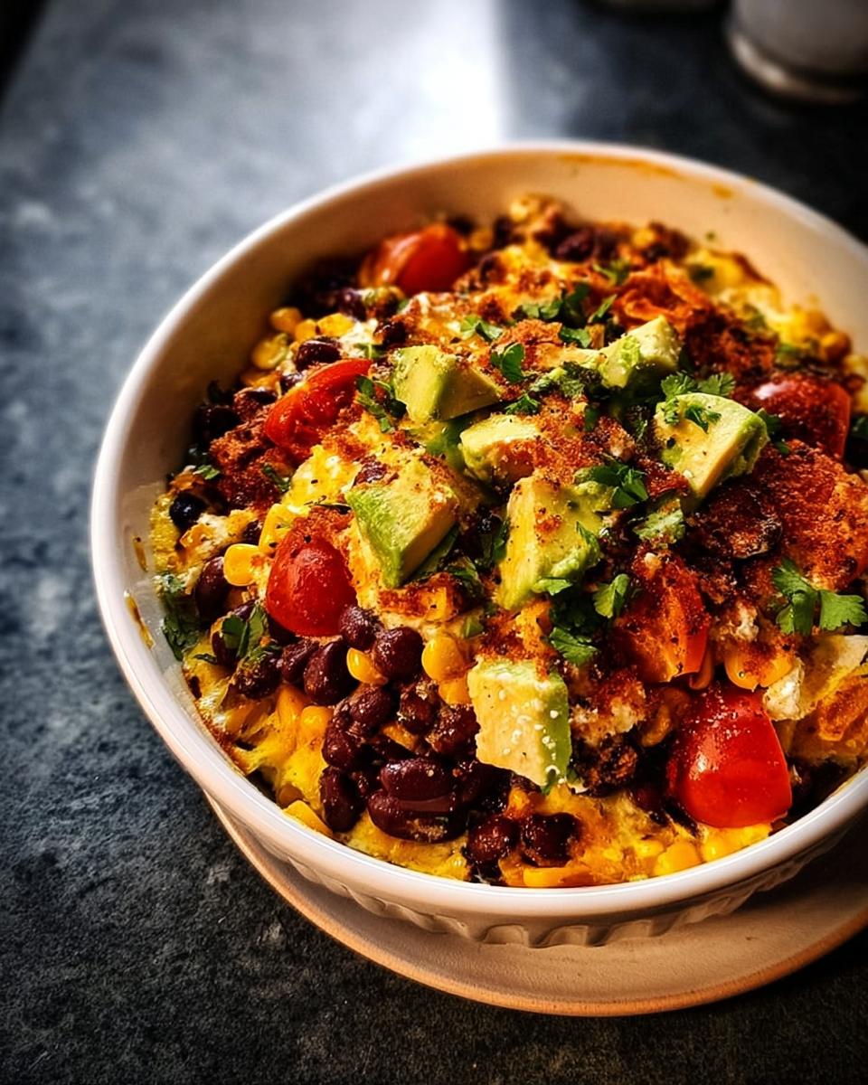 A close-up of a white bowl filled with "Cauldron" Black Bean & Avocado Dip, featuring black beans, corn, cherry tomatoes, and avocado chunks.