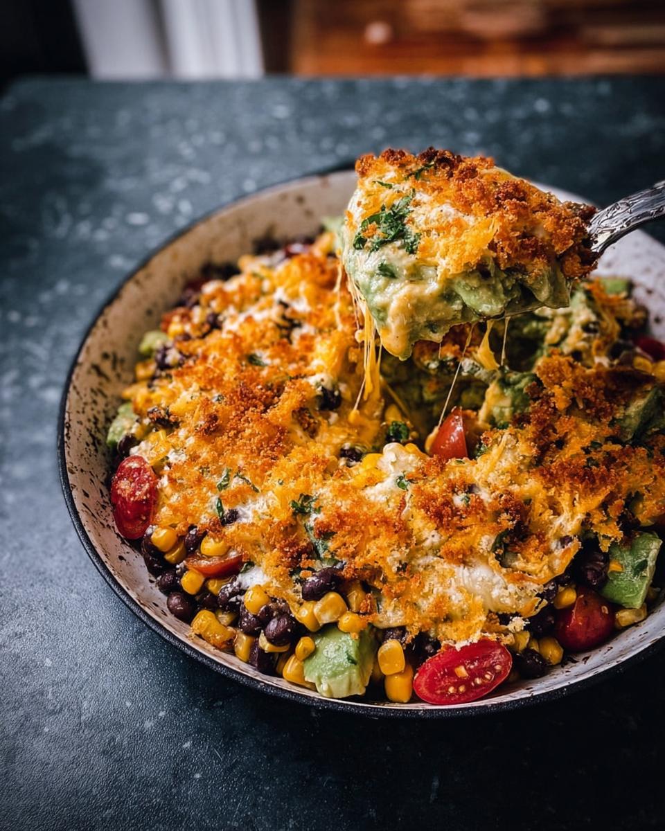 A spoonful of cheesy "Cauldron" Black Bean & Avocado Dip, showing melted cheese and crispy topping.