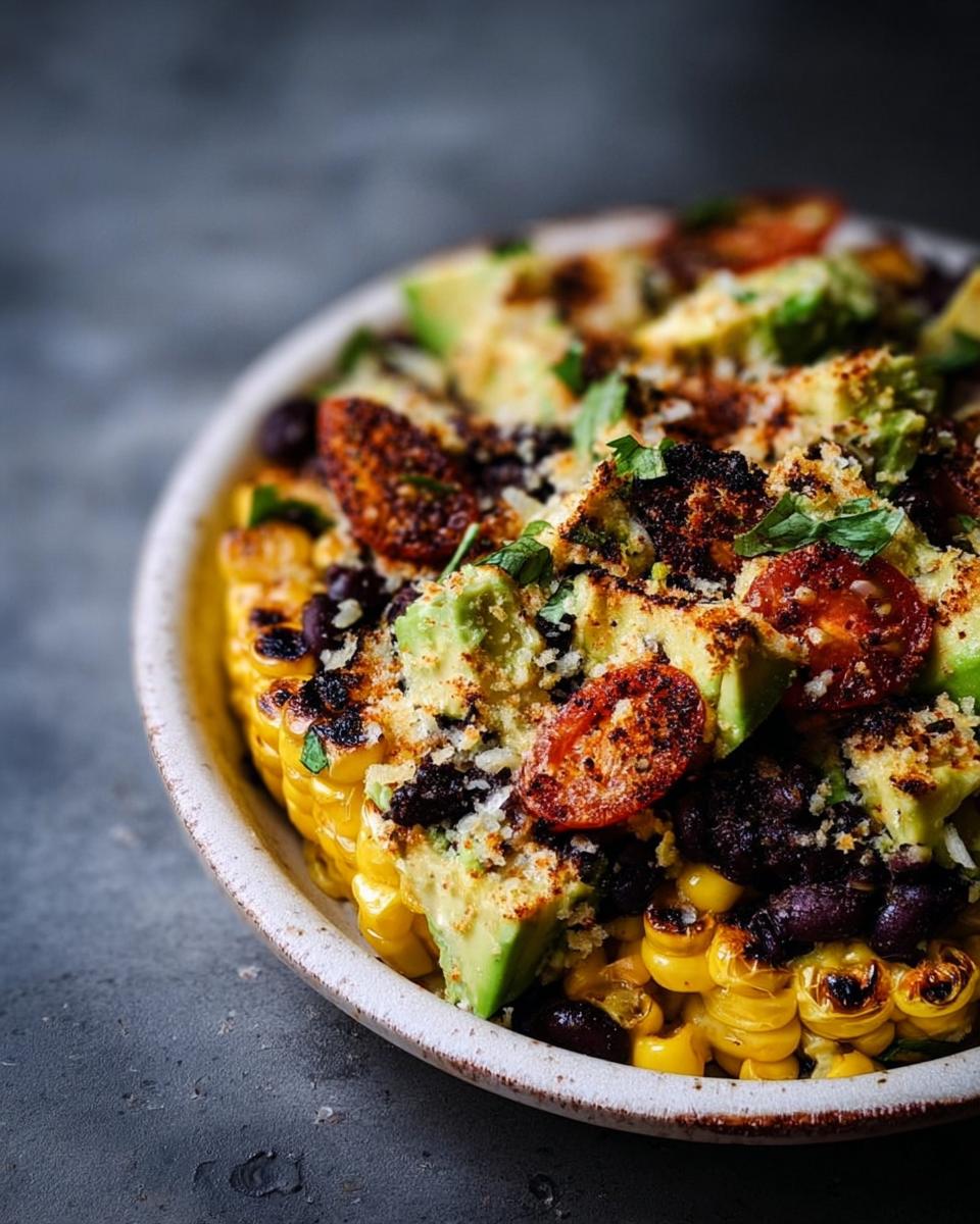 Close-up of a "Cauldron" Black Bean & Avocado Dip served on corn on the cob, topped with avocado, tomatoes, and herbs.