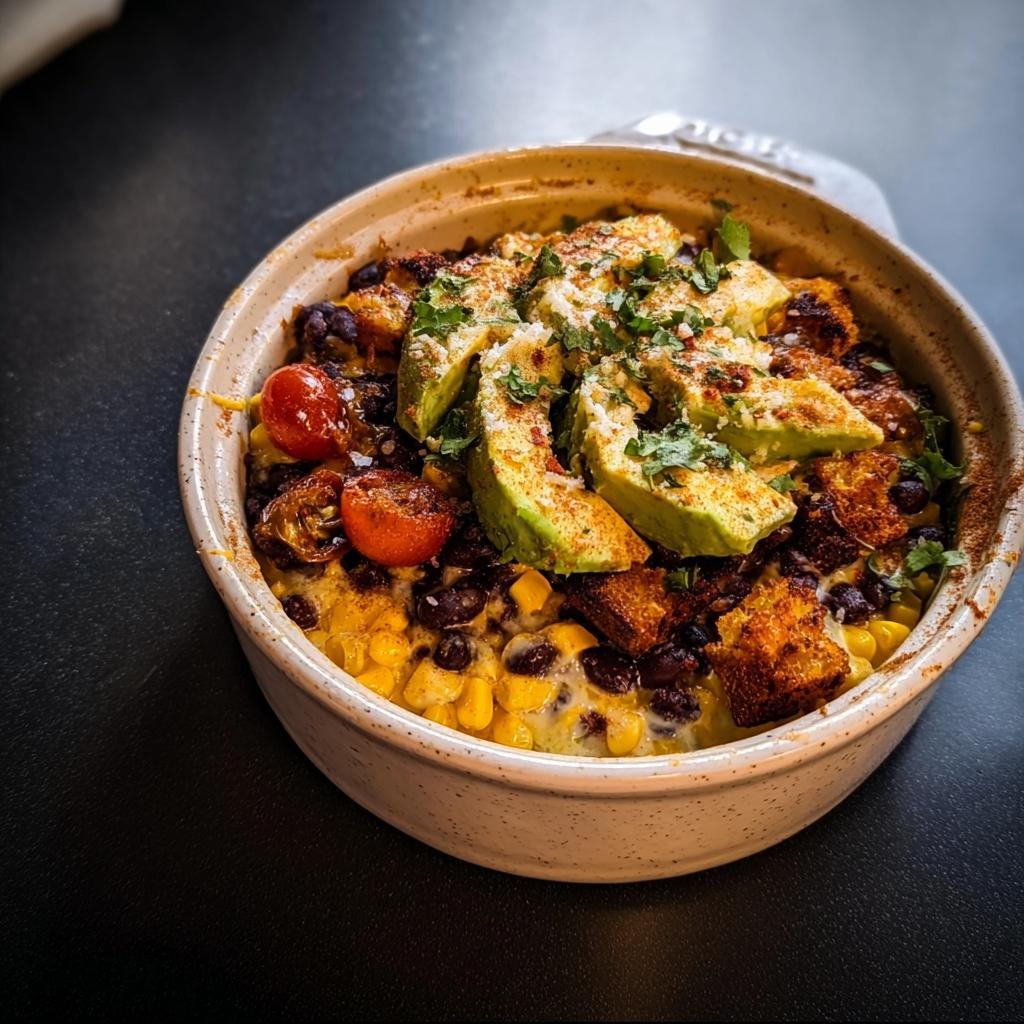 A close-up of a creamy Cauldron Black Bean & Avocado Dip topped with fresh avocado slices, cherry tomatoes, and cilantro.