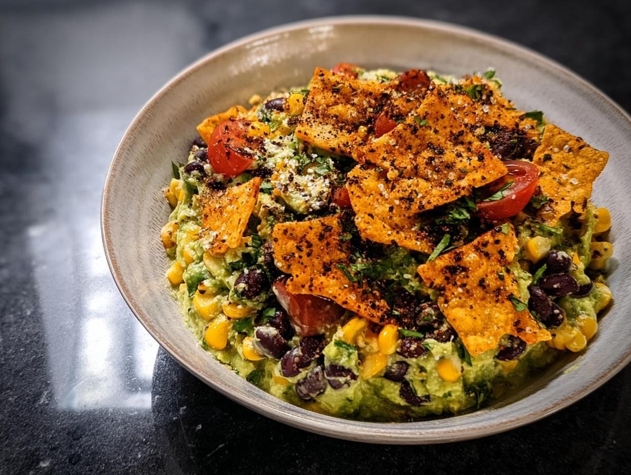 A close-up of a bowl filled with "Cauldron" Black Bean & Avocado Dip, topped with tortilla chips and cherry tomatoes.