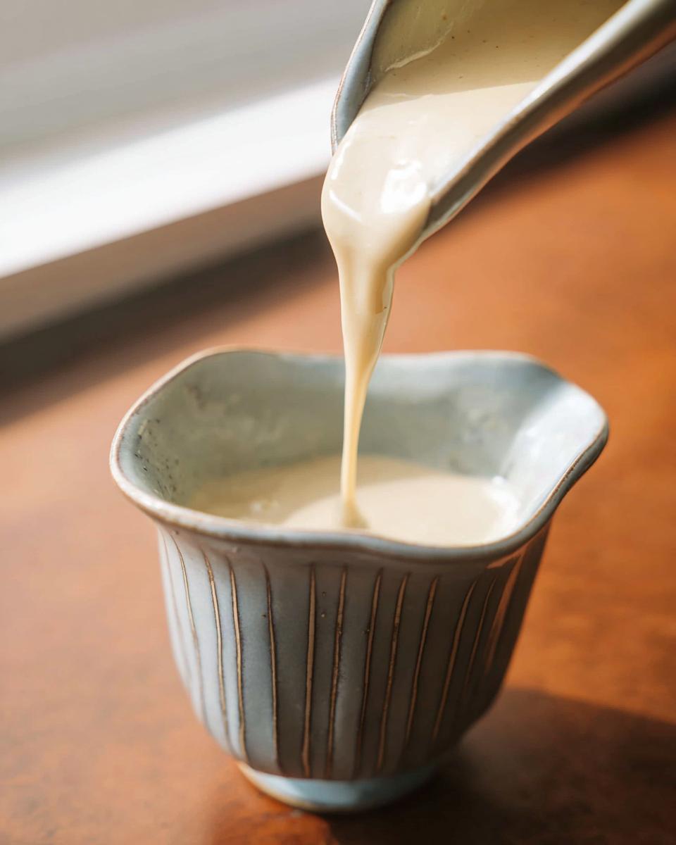 A close-up of thick Champagne Cream Sauce for Seafood being poured from a ladle into a small, textured blue bowl.