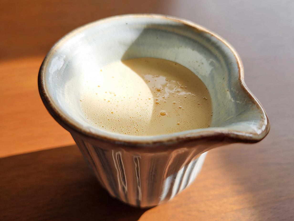A close-up of rich, pale yellow Champagne Cream Sauce for Seafood served in a small, rustic ceramic gravy boat.