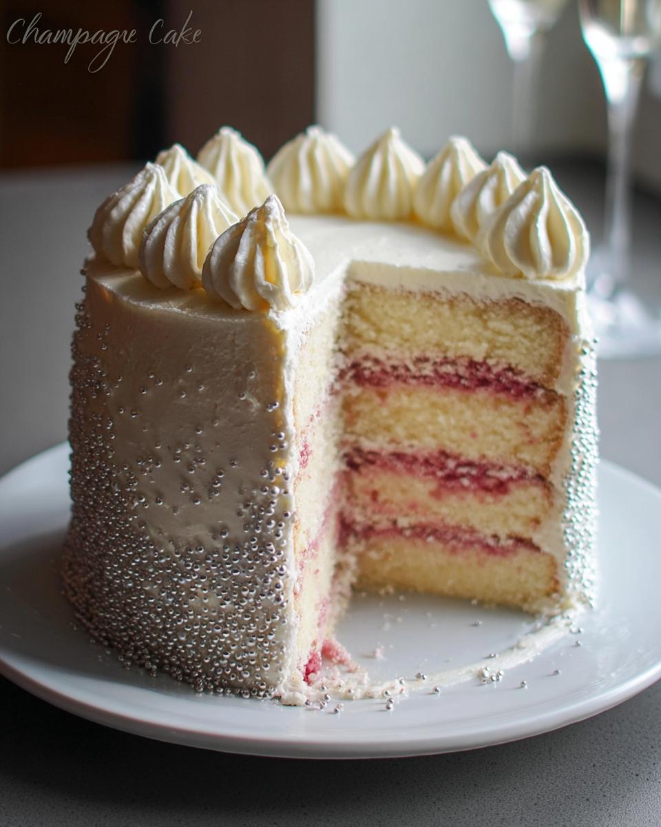 Cross-section of a Champagne Layer Cake with Buttercream, showing three layers of cake and pink filling, decorated with silver sprinkles.