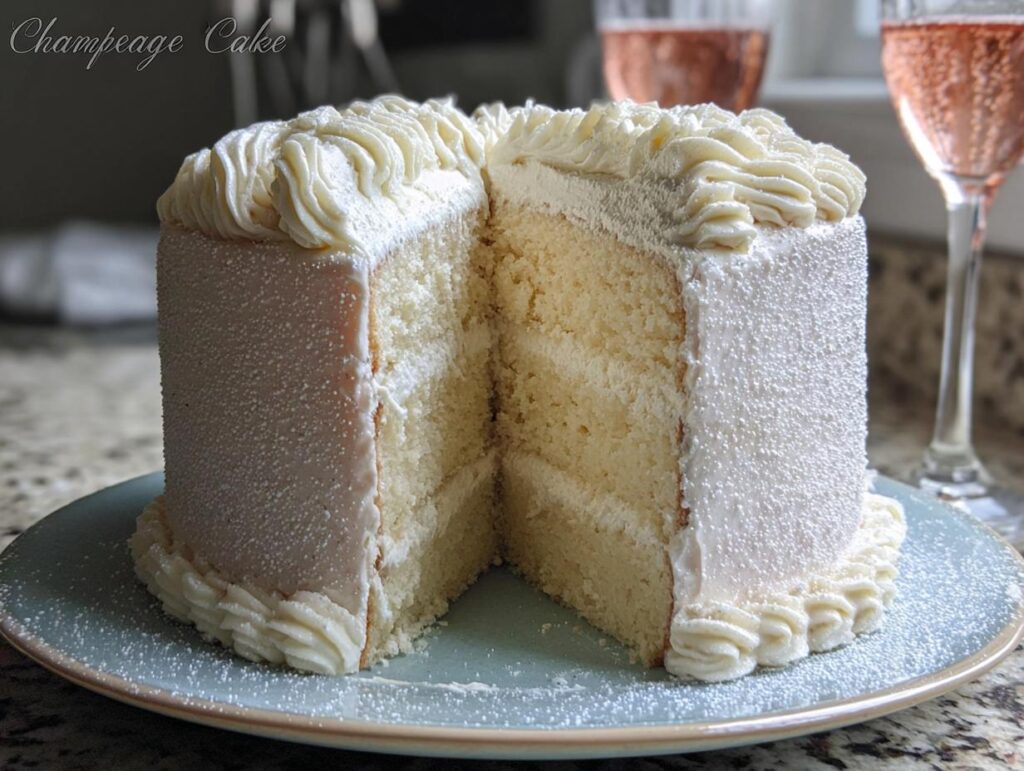 A tall slice cut from a Champagne Layer Cake with Buttercream, showing moist layers and white frosting.