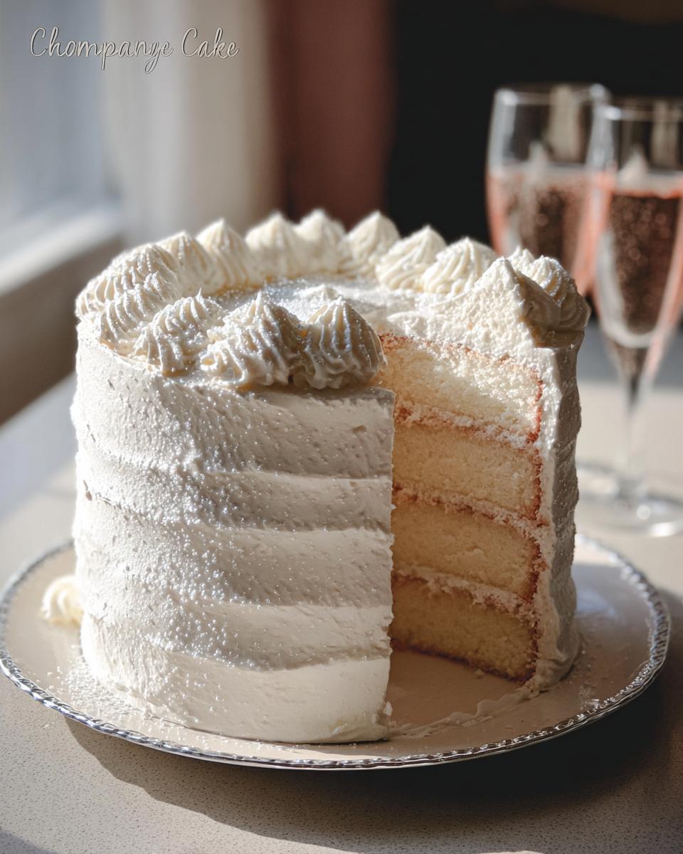 A tall slice removed from a Champagne Layer Cake with Buttercream, showing three layers of cake and frosting.