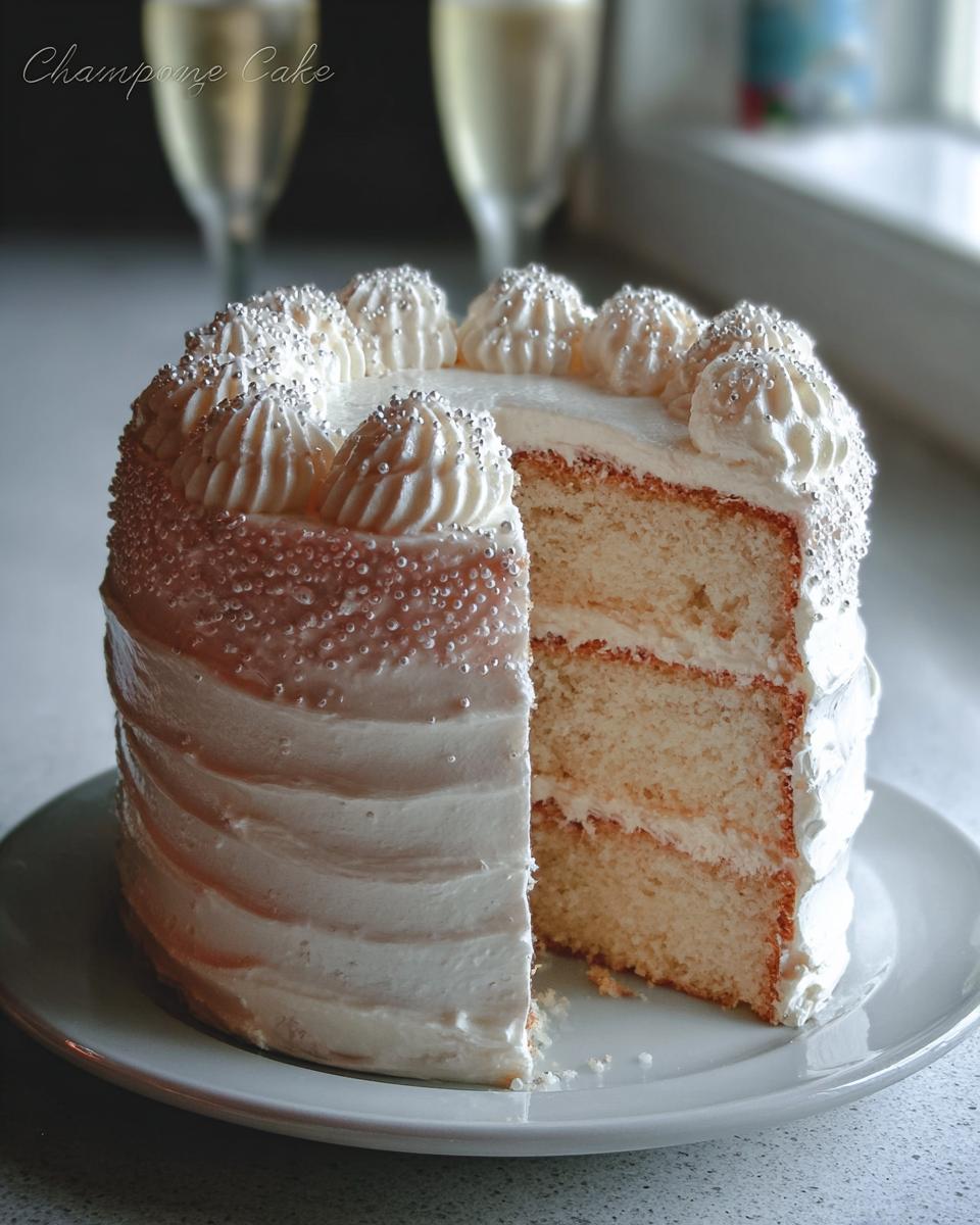 A slice removed from a beautiful Champagne Layer Cake with Buttercream, showing three layers of light cake and frosting.