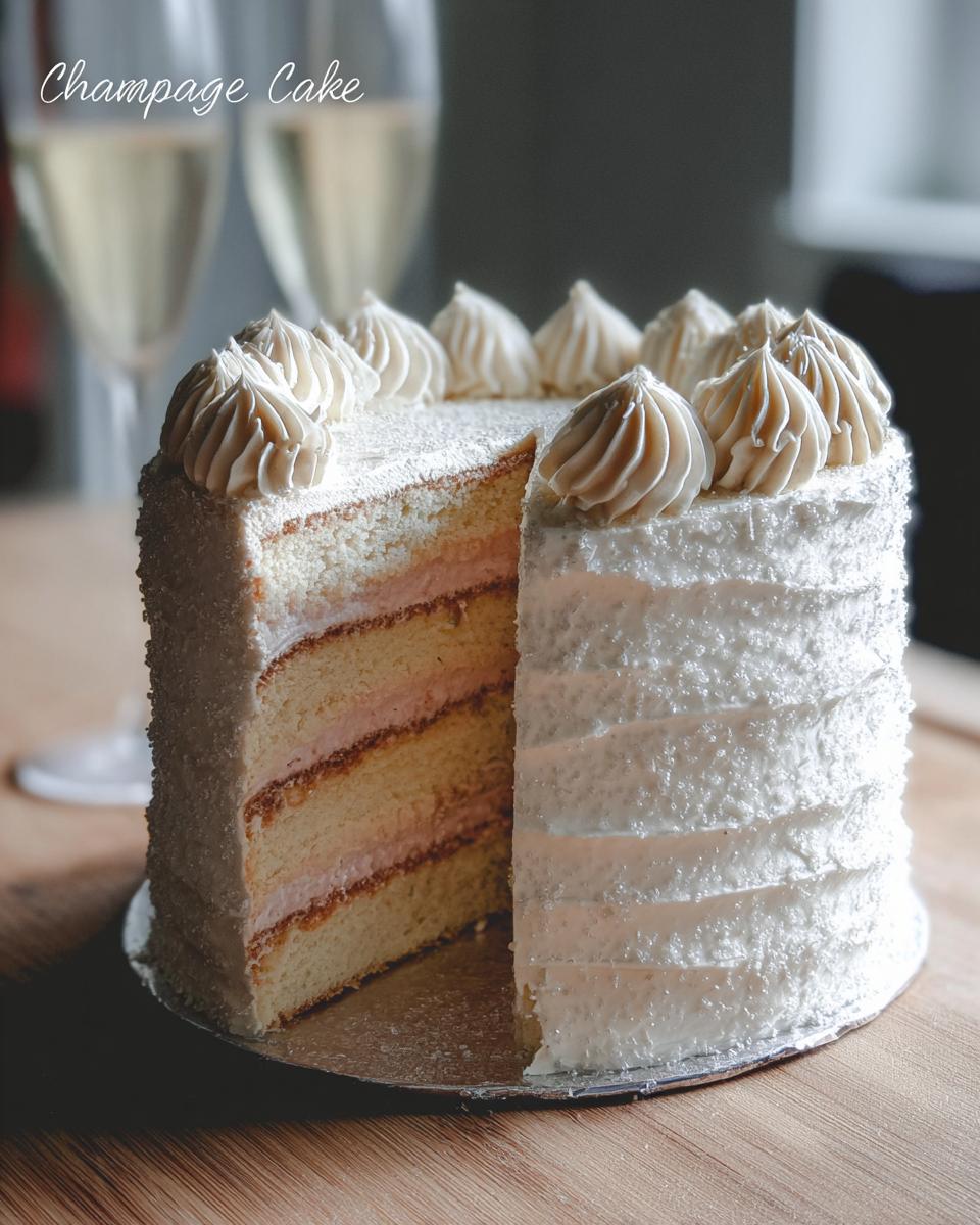 A tall Champagne Layer Cake with Buttercream, showing four layers of cake and pink filling, with a slice removed.