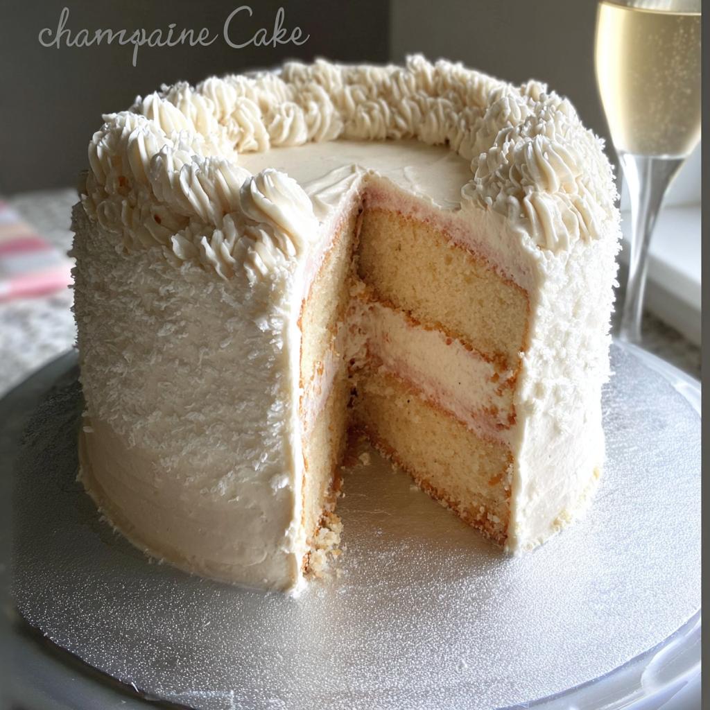 A slice removed from a beautiful Champagne Layer Cake with Buttercream, revealing two layers of cake and filling, next to a glass of champagne.