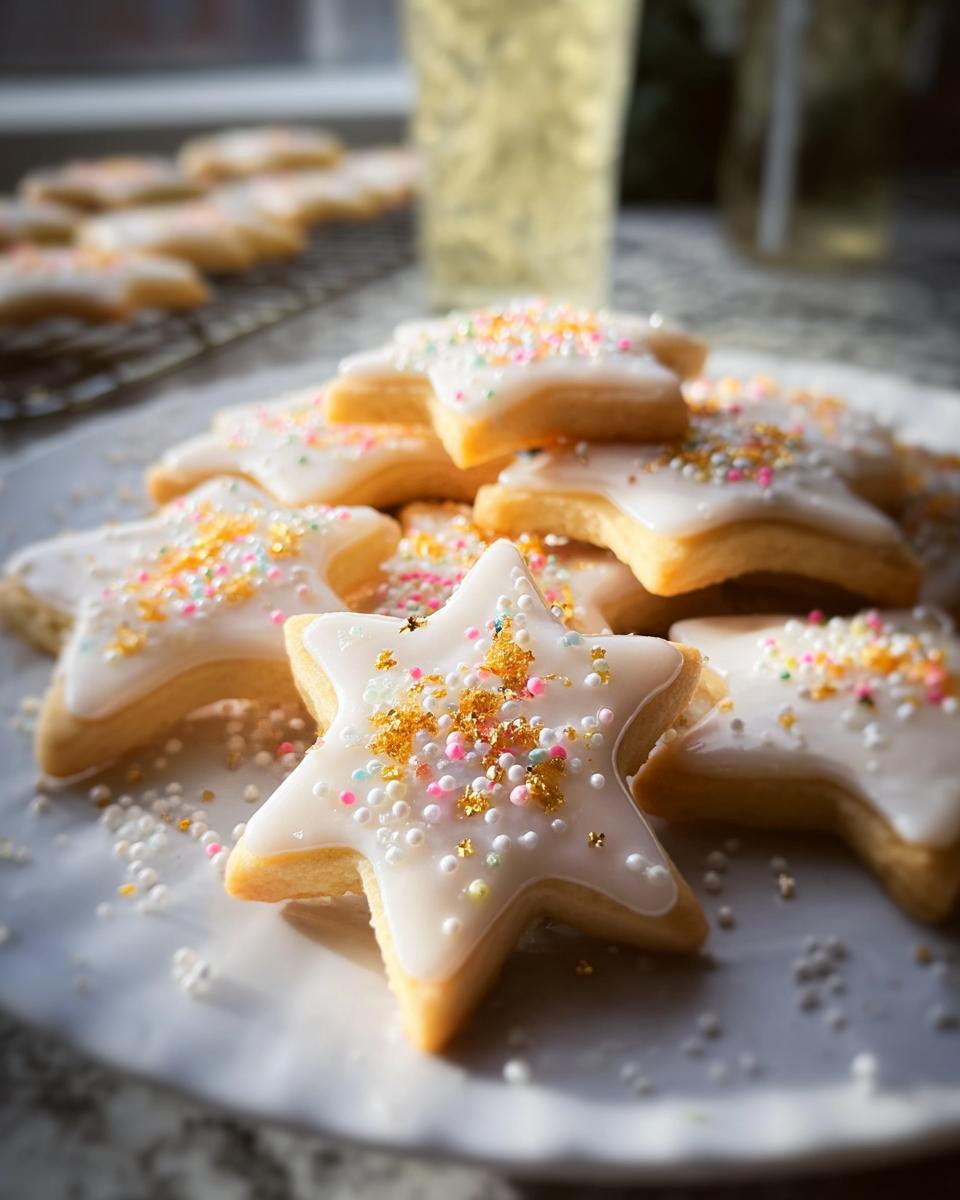 Close-up of star-shaped Champagne Sugar Cookies stacked on a white plate, topped with white icing and colorful sprinkles.