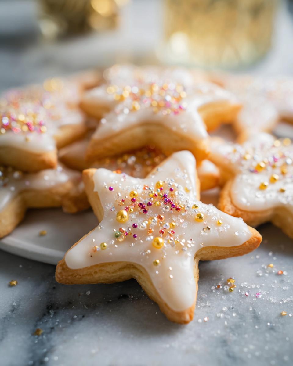 Close-up of Champagne Sugar Cookies topped with white icing and colorful, sparkling sprinkles.