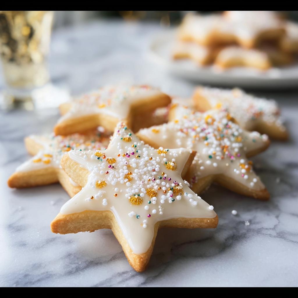 Close-up of star-shaped Champagne Sugar Cookies topped with white glaze and colorful sprinkles.