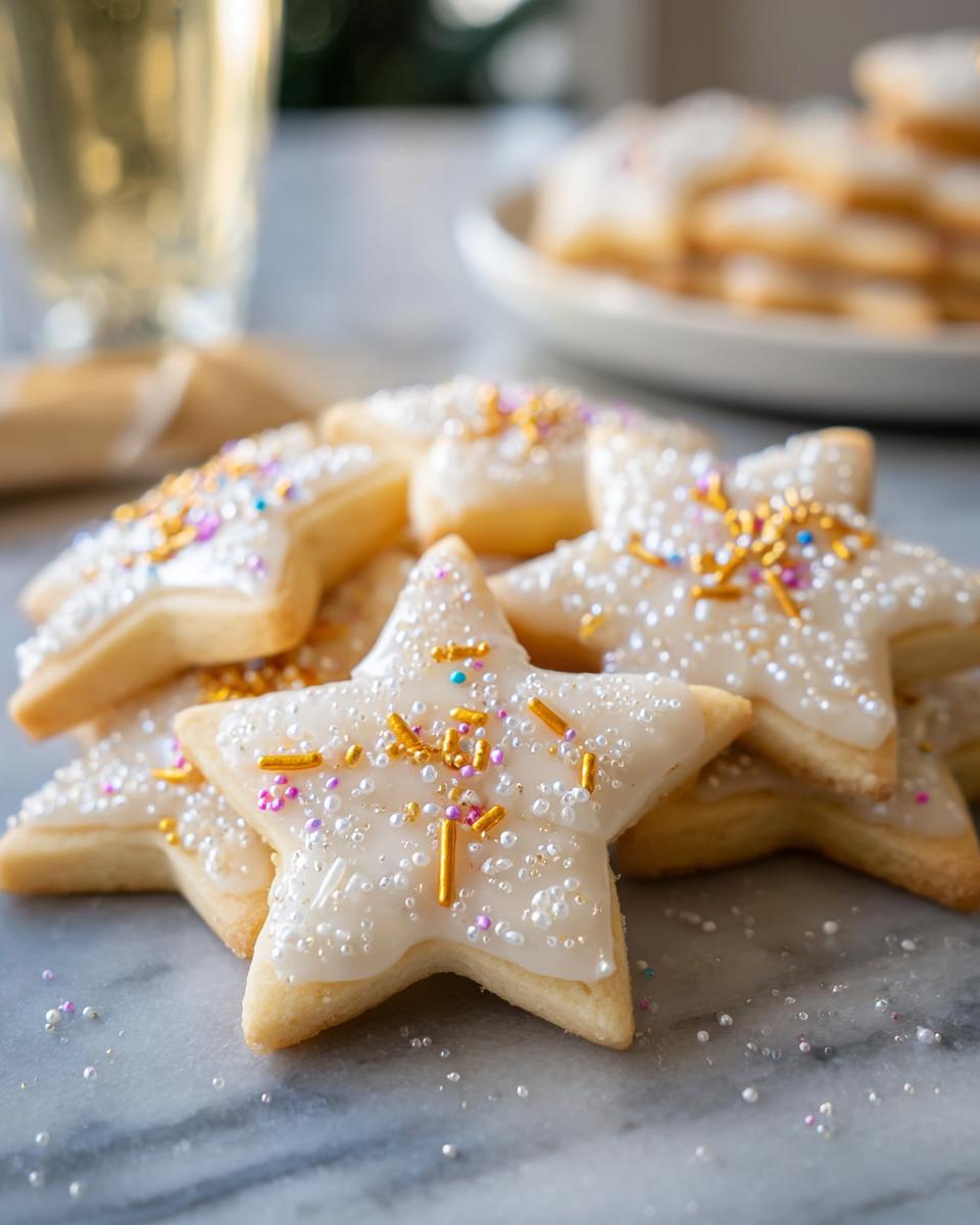 Close-up of star-shaped Champagne Sugar Cookies topped with white glaze and festive gold and pink sprinkles.
