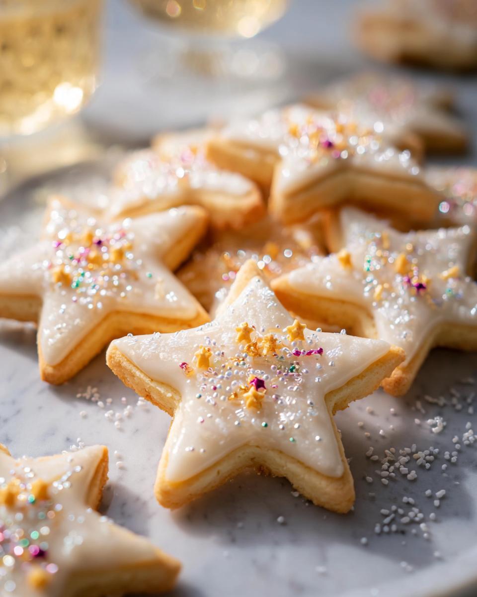 Close-up of star-shaped Champagne Sugar Cookies topped with white glaze and colorful sprinkles.