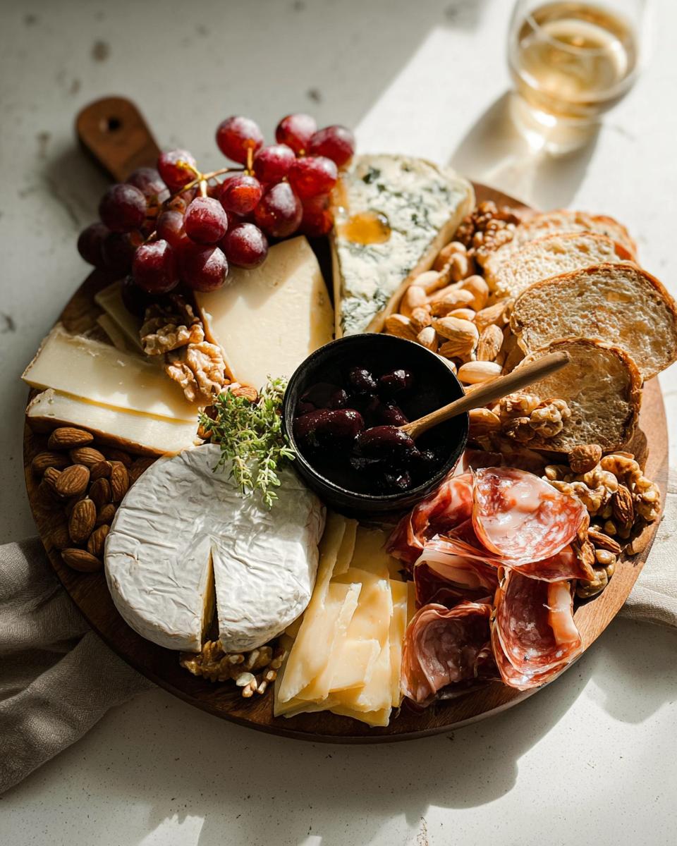 A beautiful, rustic Cheese Board in 10 Minutes featuring brie, blue cheese, grapes, nuts, salami, and jam.