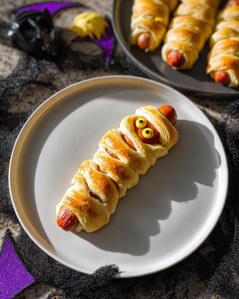 A single Cheese-Stuffed Mummy Dog on a plate, wrapped in golden pastry with candy eyes, in focus. Other mummy dogs are blurred in the background.