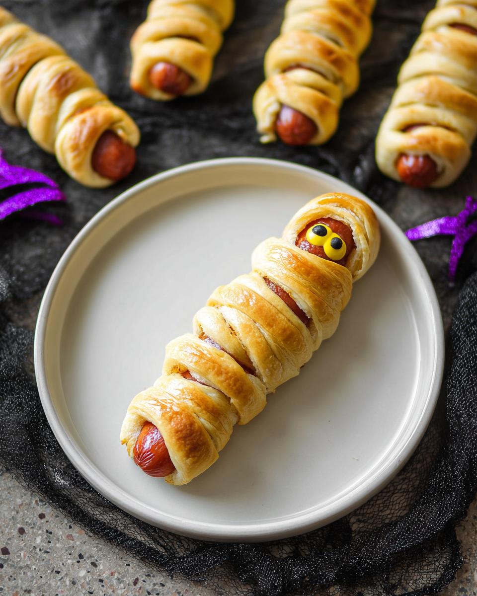 A close-up of a cheese-stuffed mummy dog on a white plate, with more mummy dogs in the background.