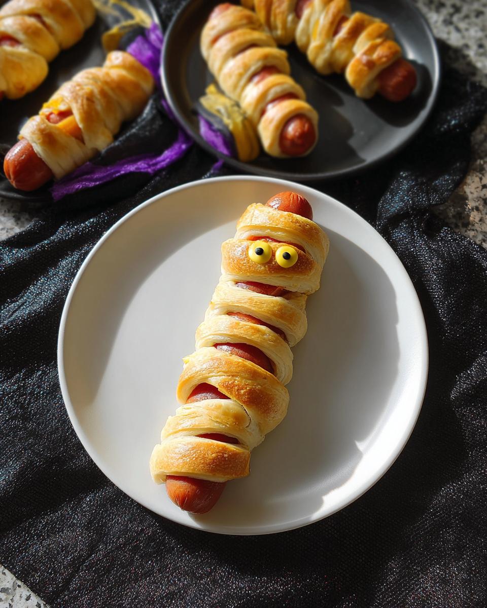 A single Cheese-Stuffed Mummy Dog on a white plate, with two googly eyes, and more mummy dogs in the background.