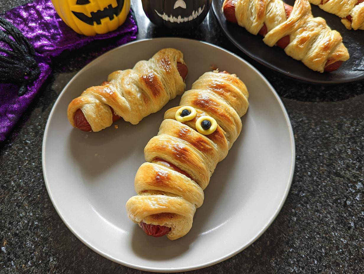 Two golden-brown Cheese-Stuffed Mummy Dogs on a plate, one with candy eyes, ready for Halloween.