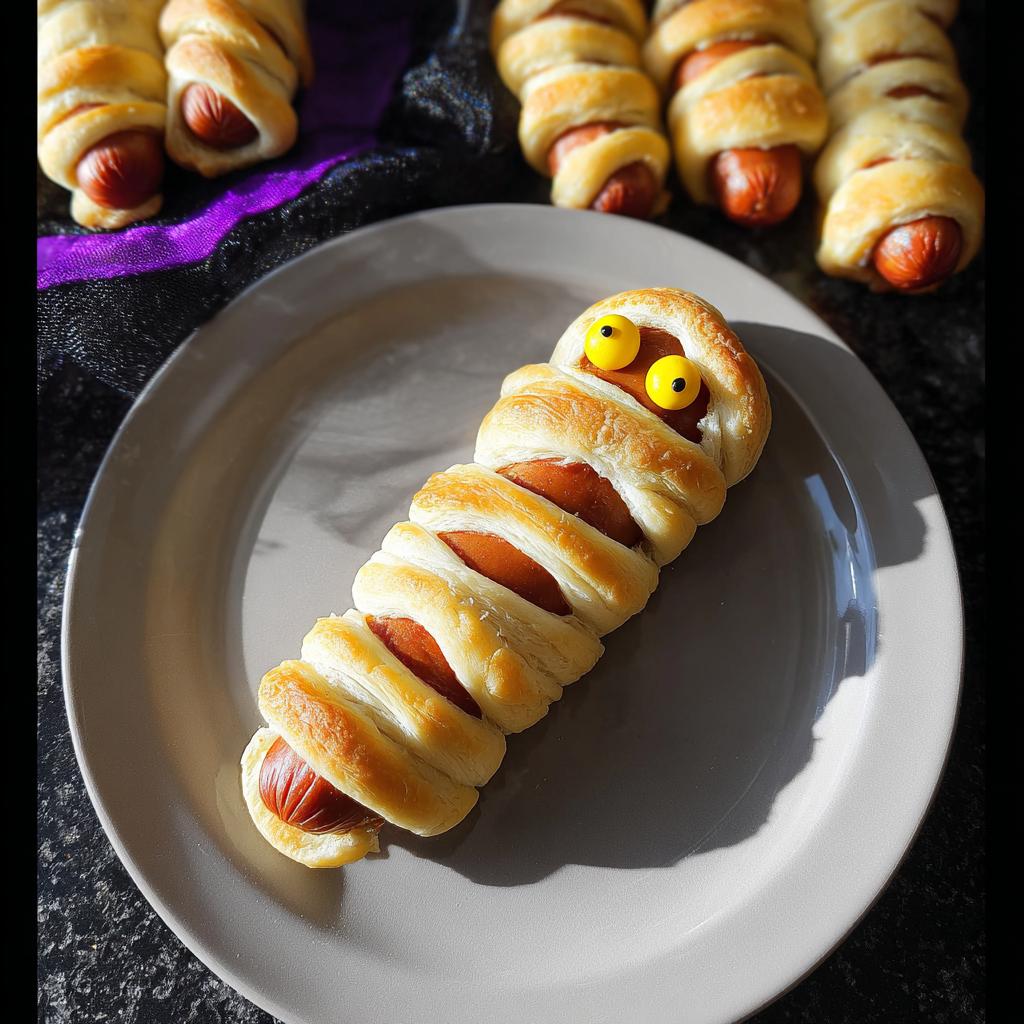 A close-up of a cheese-stuffed mummy dog on a plate, with candy eyes, and more mummy dogs in the background.
