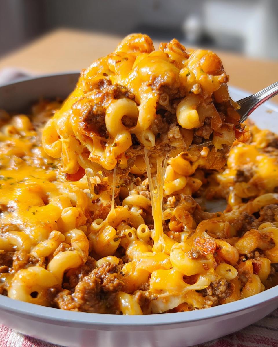 A fork lifts a cheesy, saucy scoop of Cheeseburger Casserole, showing melted cheddar cheese stretching between the pasta and meat.