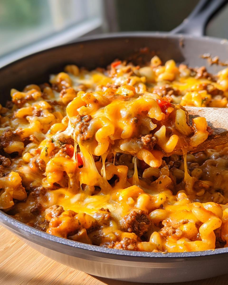 A wooden spoon lifting a cheesy, saucy scoop of Cheeseburger Casserole (One Pan) from the skillet.