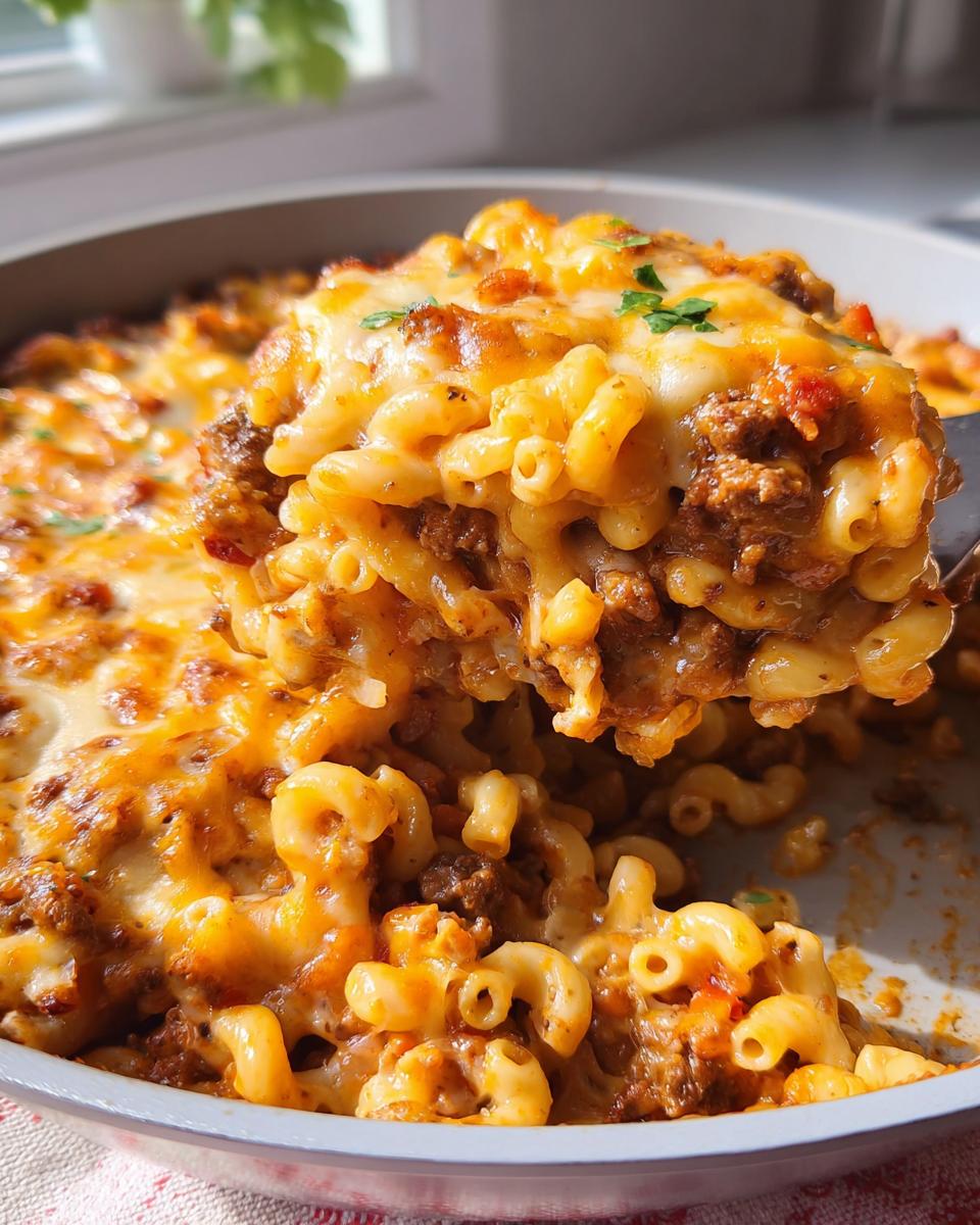 A serving spoon lifts a cheesy, saucy portion of Cheeseburger Casserole (One Pan) featuring elbow macaroni and ground beef.