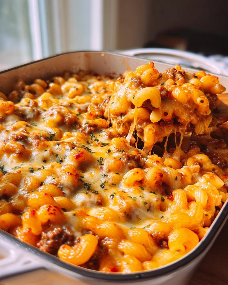 A spoonful of cheesy Cheeseburger Casserole (One Pan) being lifted out of the baking dish, showing melted cheese stretch.