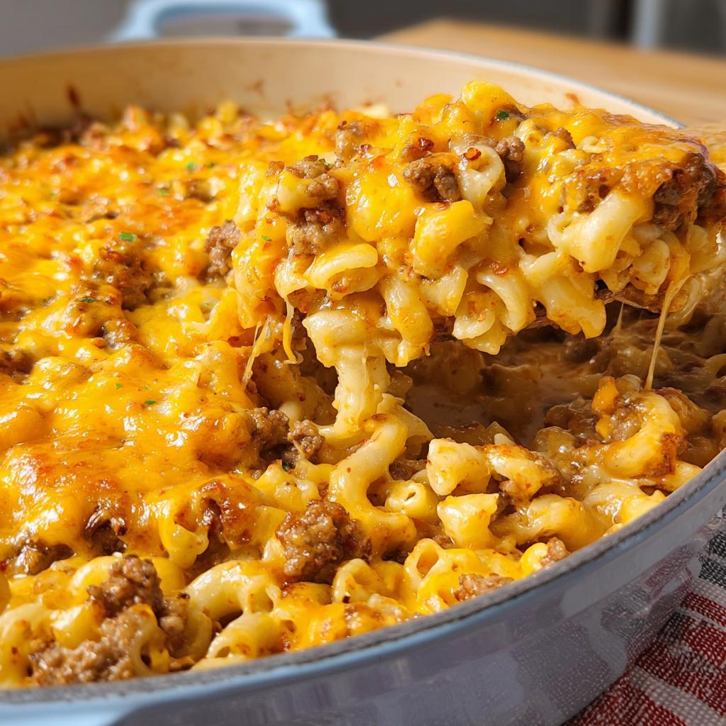 A spoonful of cheesy Cheeseburger Casserole (One Pan) being lifted from a baking dish, showing melted cheddar and ground beef.