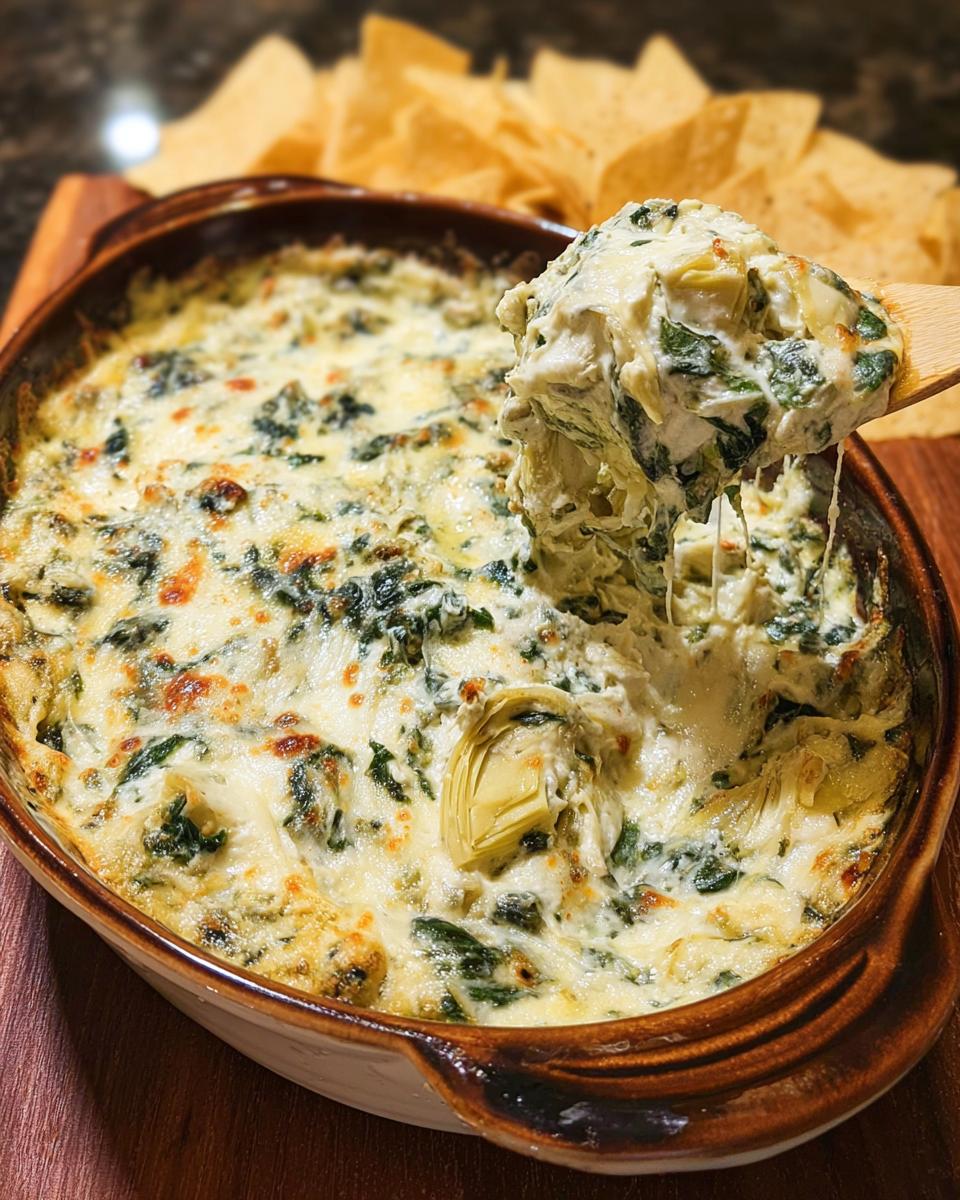 A wooden spoon scoops a cheesy portion of hot Baked Spinach Artichoke Dip from a ceramic dish, showing cheese pull.