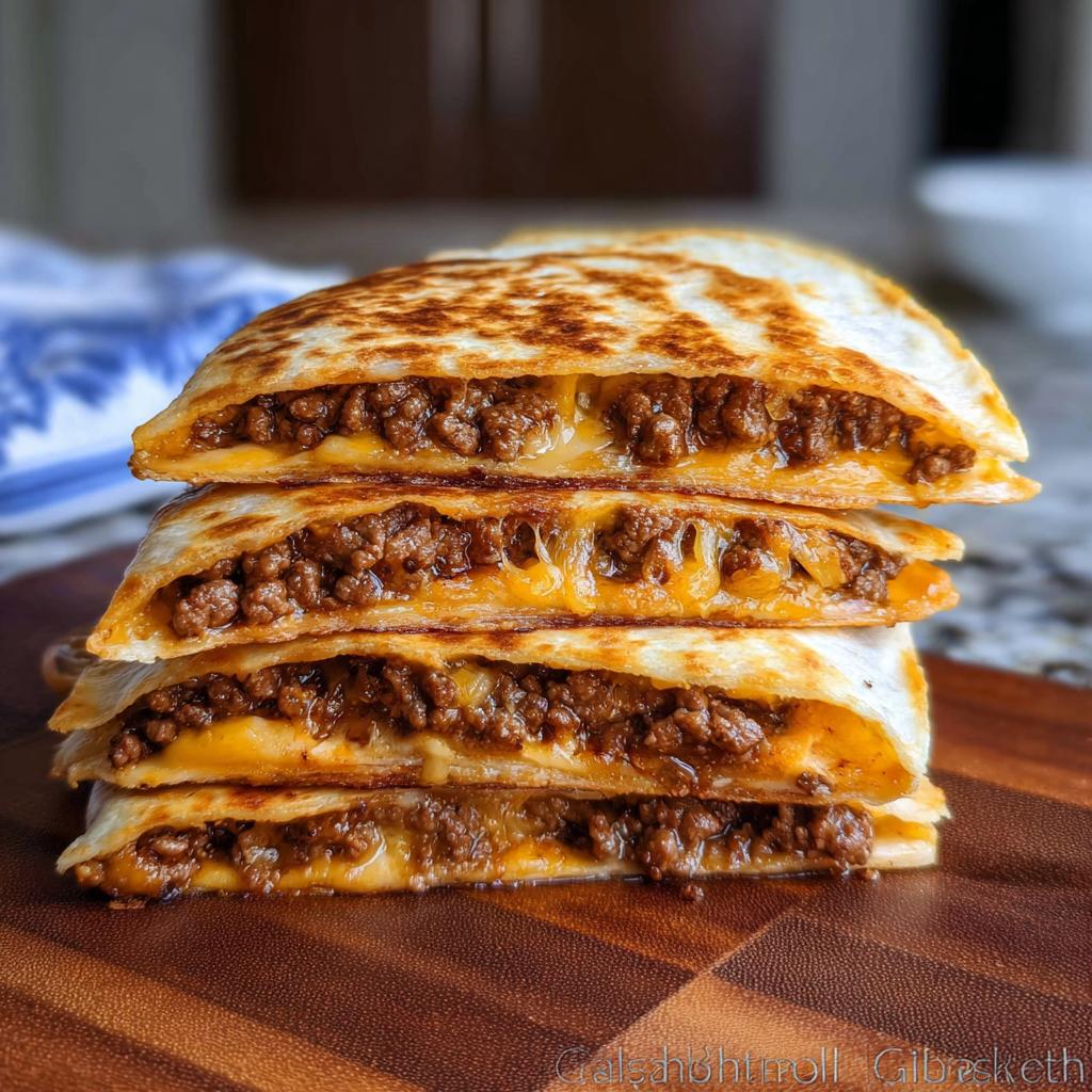 A tall stack of four folded and cut Cheesy Beef Quesadillas showing the ground beef and melted cheddar cheese filling.
