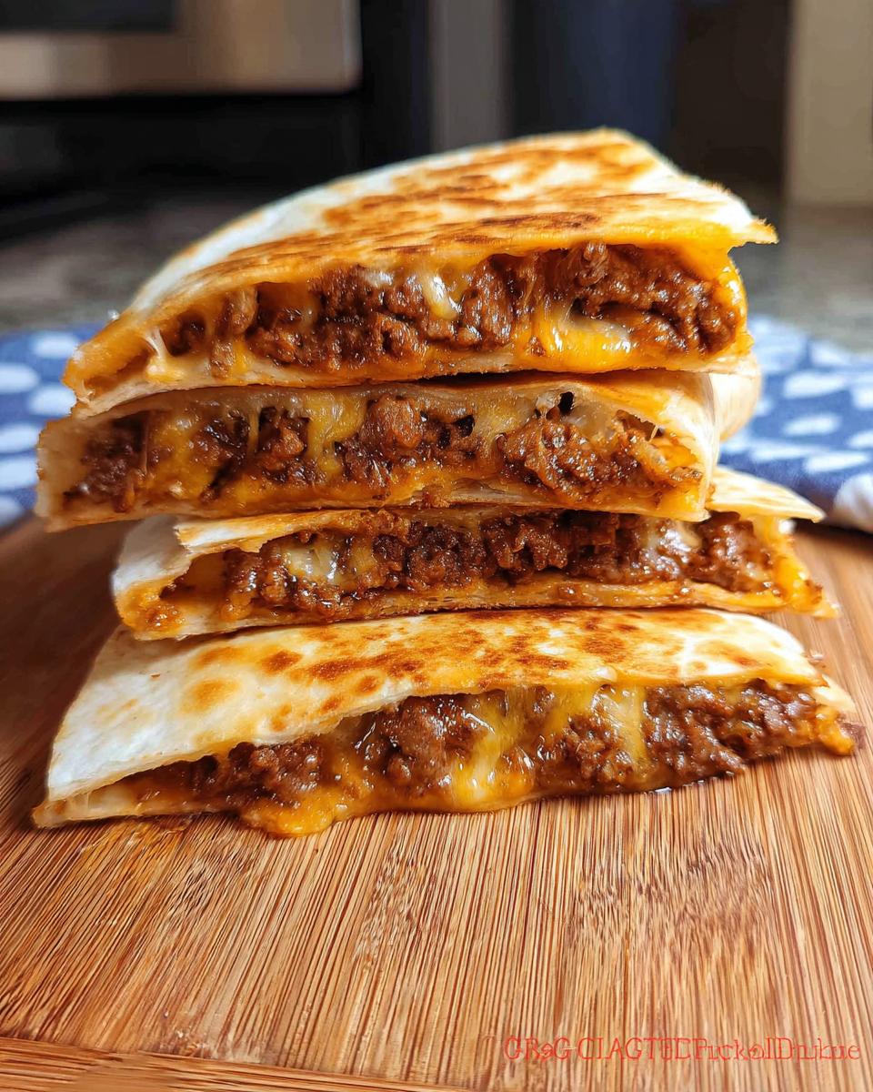 Close-up stack of four cheesy beef quesadillas wedges showing melted cheese and seasoned ground beef filling.
