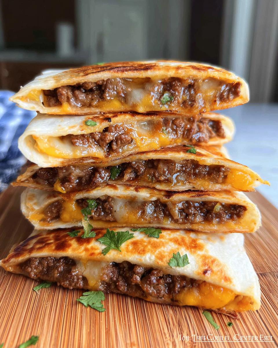 A vertical stack of four halves of Cheesy Beef Quesadillas showing melted cheese and seasoned ground beef filling.