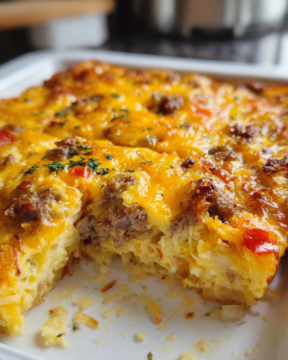 A close-up of a portion removed from the Cheesy Hashbrown Breakfast Casserole, showing melted cheddar cheese and sausage chunks.