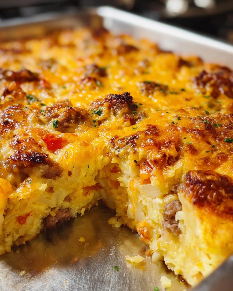 Close-up of a baked Cheesy Hashbrown Breakfast Casserole showing a golden, bubbly cheese top and a cut section revealing hashbrowns and sausage.