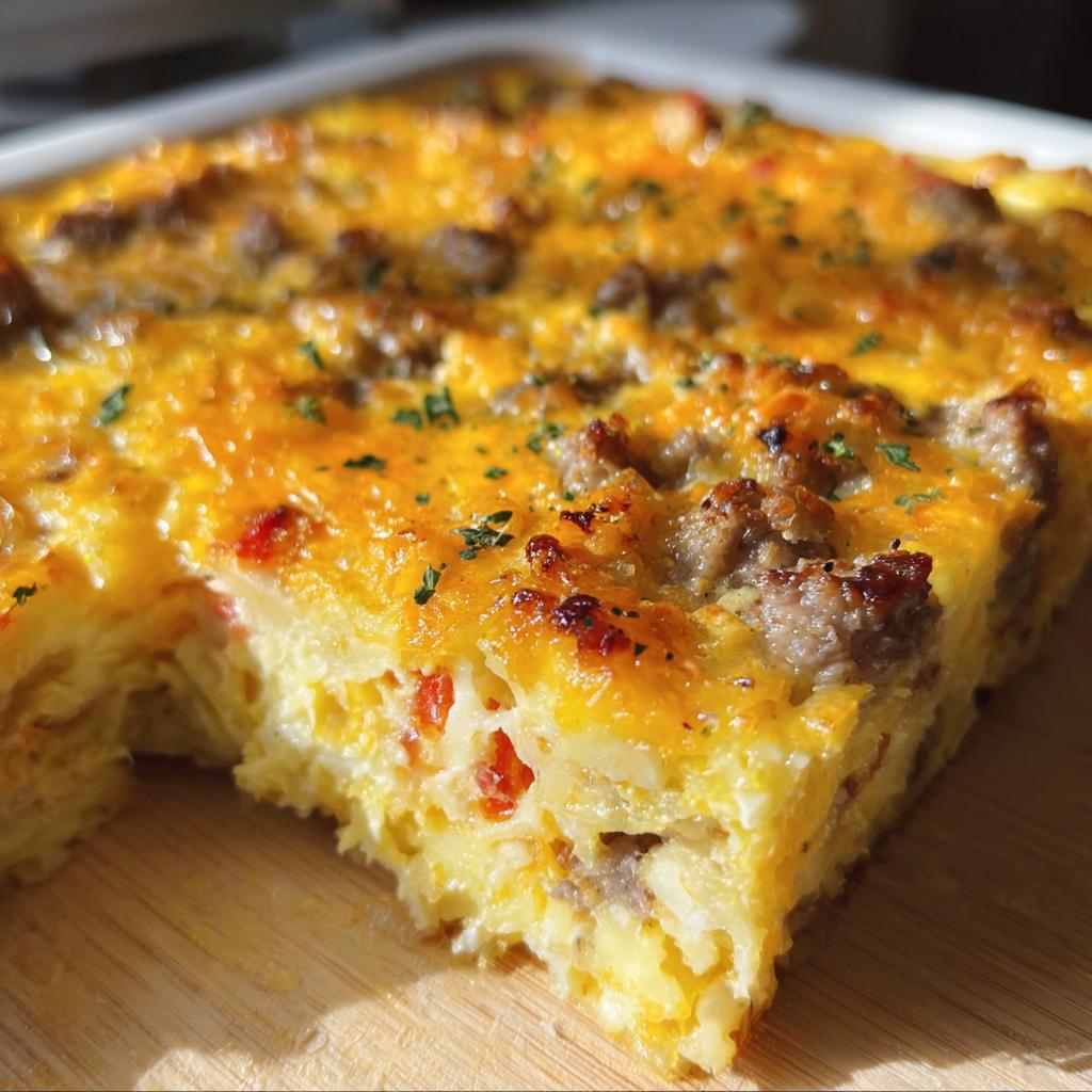 Close-up of a hearty slice of Cheesy Hashbrown Breakfast Casserole topped with melted cheddar and sausage crumbles.