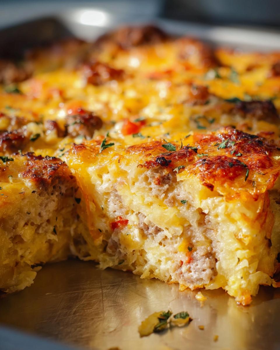A close-up cross-section view of a slice of Cheesy Hashbrown Breakfast Casserole showing layers of shredded potato, sausage, and melted cheese.