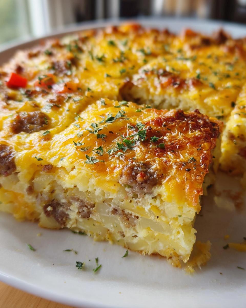 A close-up of a slice of Cheesy Hashbrown Breakfast Casserole showing layers of potatoes, sausage, and melted cheddar cheese.
