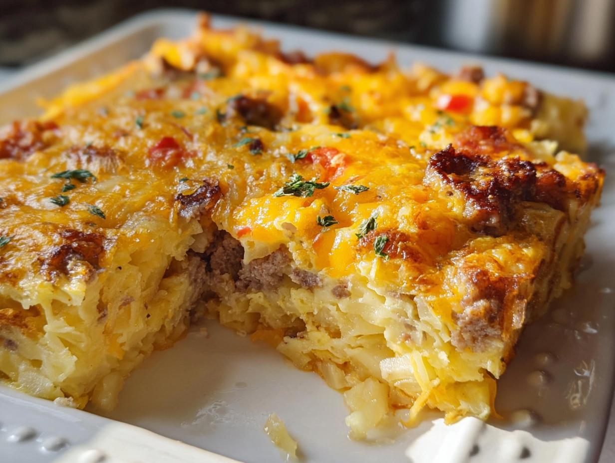 A close-up slice of Cheesy Hashbrown Breakfast Casserole showing layers of shredded potatoes, sausage, and melted cheddar cheese.