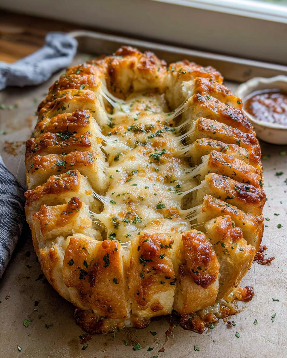 A golden brown loaf of Cheesy Pull-Apart Bread showing extreme cheese pulls between the scored sections.