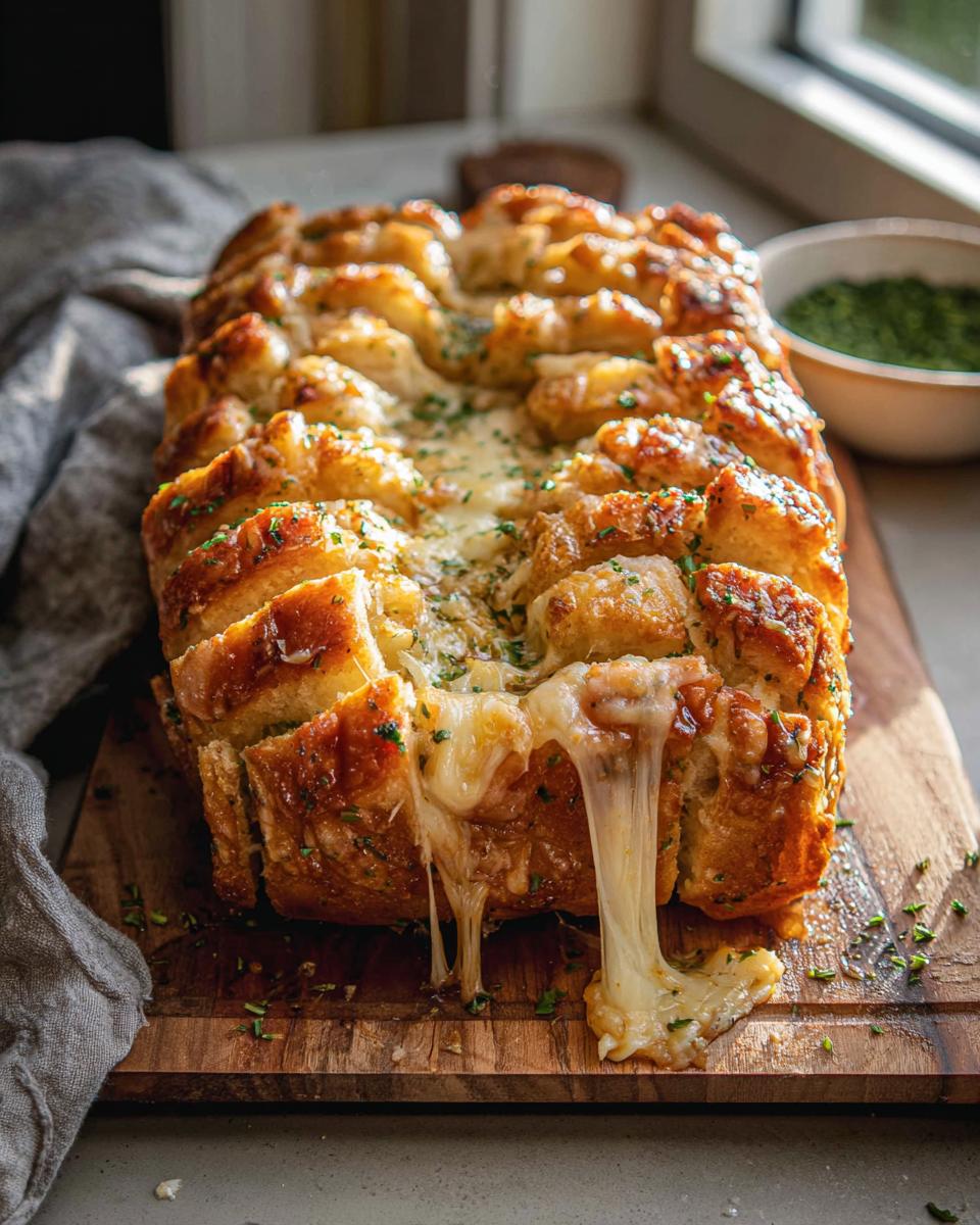 Golden baked Cheesy Pull-Apart Bread oozing melted cheese strings on a wooden board.