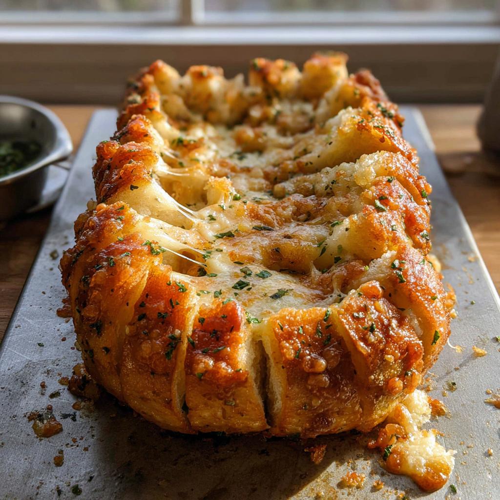 Close-up of golden brown Cheesy Pull-Apart Bread with melted cheese stretching between the scored sections.