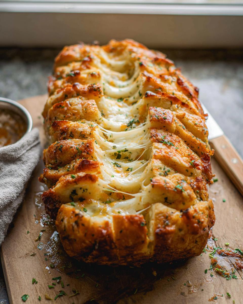 A loaf of golden brown Cheesy Pull-Apart Bread showing extreme cheese stretch between the scored sections.