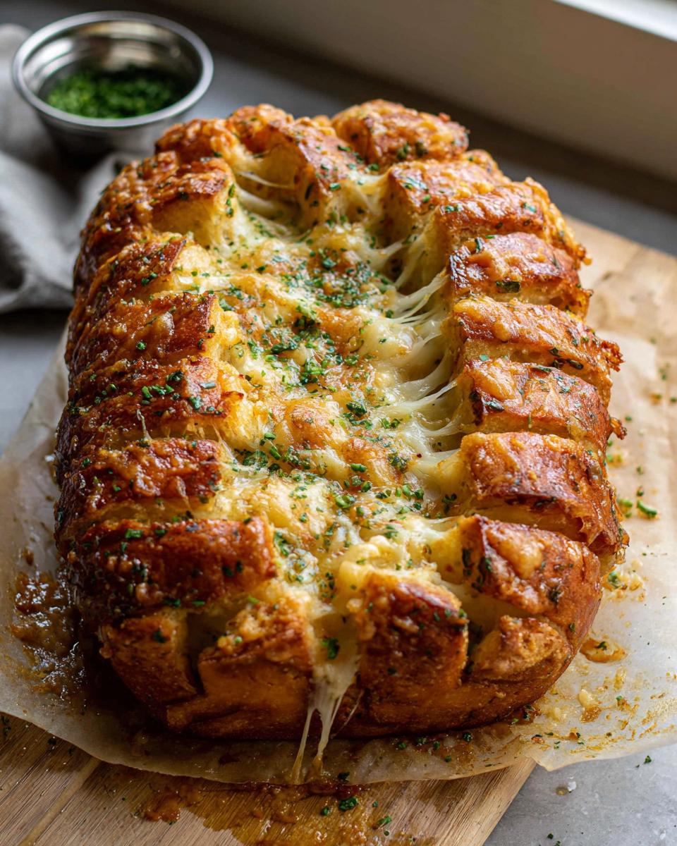 A golden-brown loaf of Cheesy Pull-Apart Bread oozing melted cheese and topped with fresh green herbs.