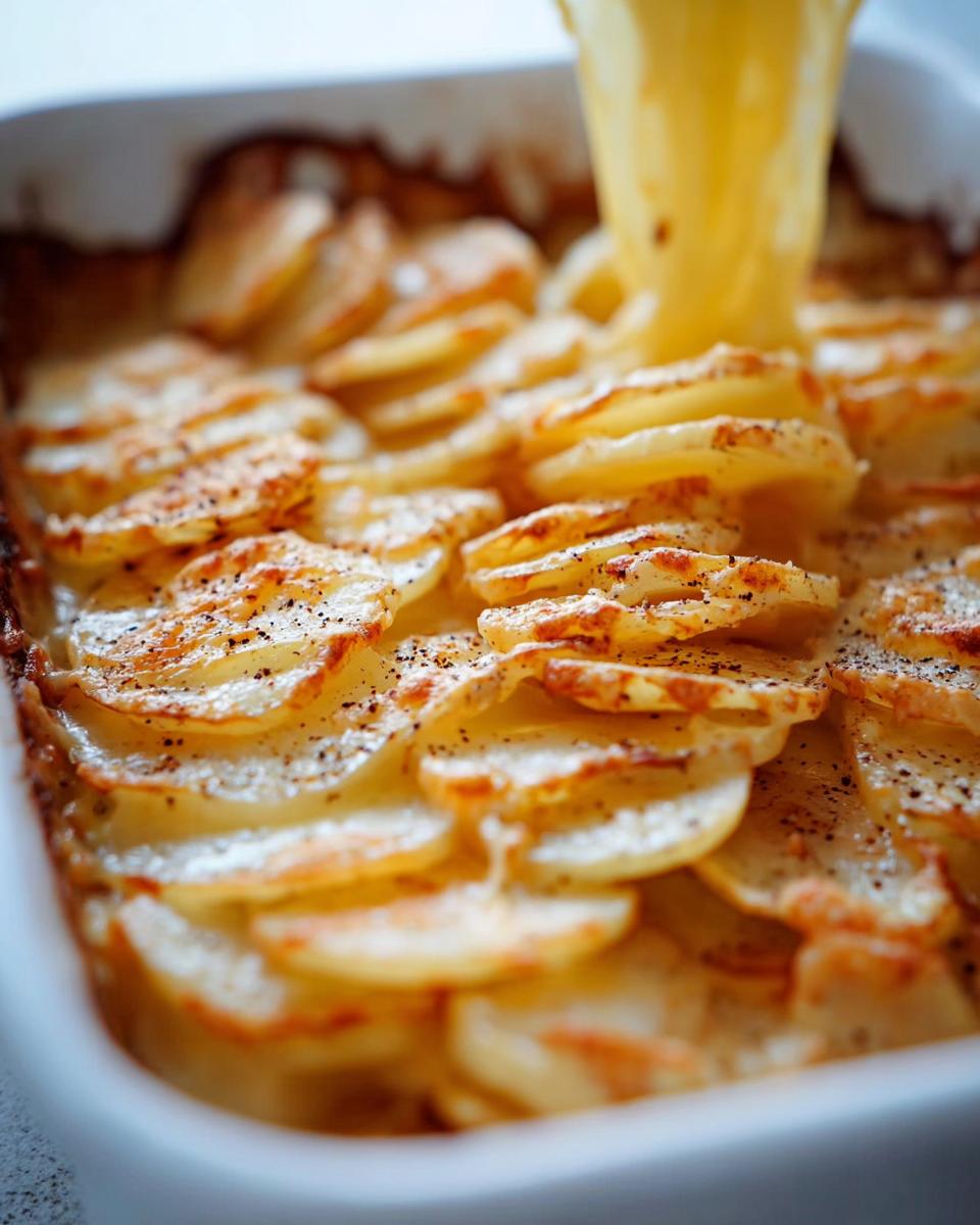 Close-up of baked Cheesy Scalloped Potatoes with golden edges and a stream of melted cheese being poured over the top.